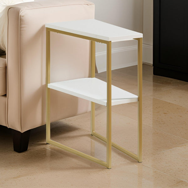 Bery 24 Inch Chairside Table, 2 Shelves, Gold Metal Frame, White Finish - BM311573