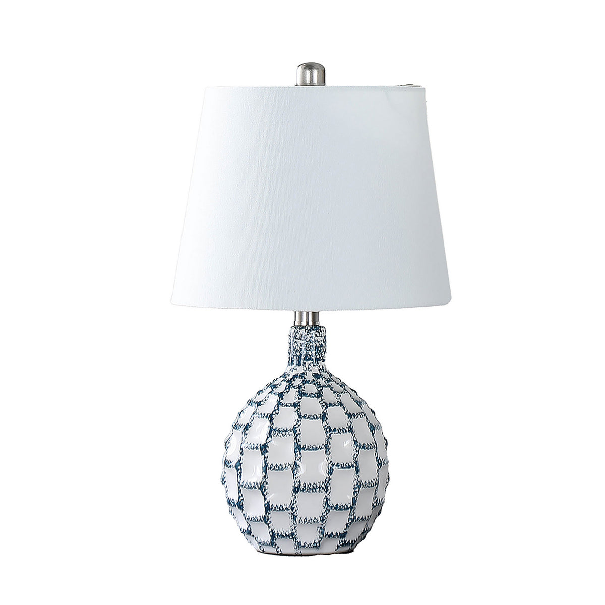 20 Inch Table Lamp, Luxurious Lattice Ceramic Body, Drum Shade, Blue Silver - BM311576