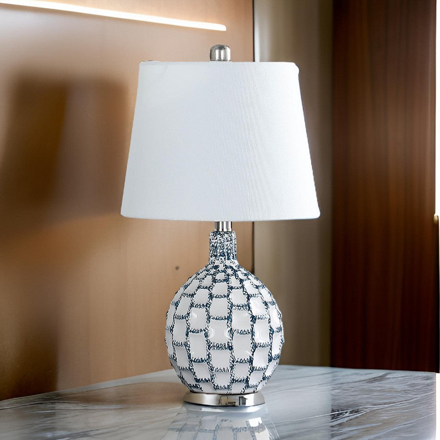 20 Inch Table Lamp, Luxurious Lattice Ceramic Body, Drum Shade, Blue Silver - BM311576