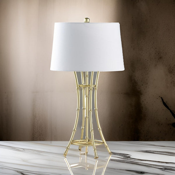 Lisi 29 Inch Table Lamp, White Drum Shade, Gold Mettalic Bamboo Style Base - BM311577