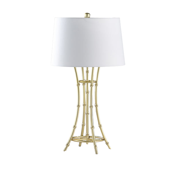 Lisi 29 Inch Table Lamp, White Drum Shade, Gold Mettalic Bamboo Style Base - BM311577