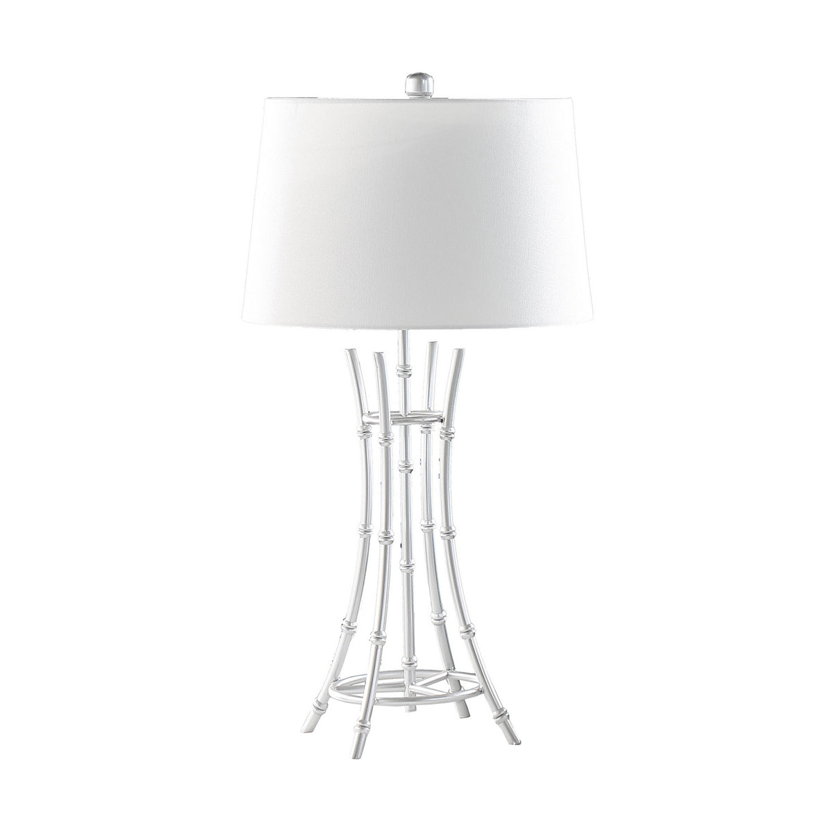 Lisi 29 Inch Table Lamp, White Shade, Silver Mettalic Bamboo Style Base - BM311578