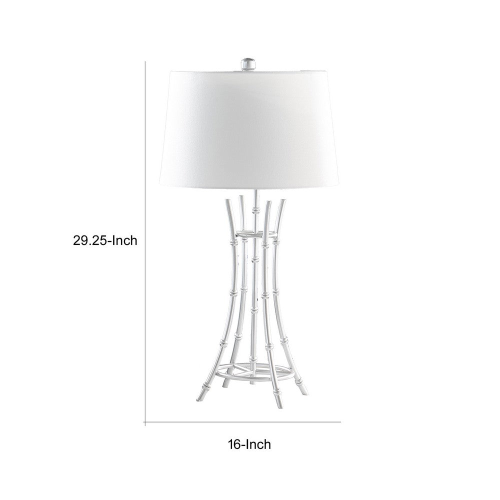 Lisi 29 Inch Table Lamp, White Shade, Silver Mettalic Bamboo Style Base - BM311578