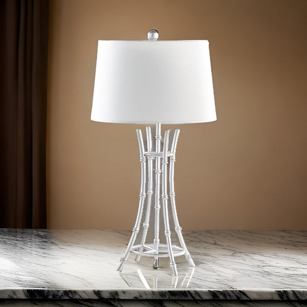 Lisi 29 Inch Table Lamp, White Shade, Silver Mettalic Bamboo Style Base - BM311578