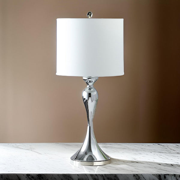 Omi 25 Inch Table Lamp, Drum White Shade, Sleek Slender Modern Chrome Body - BM311580