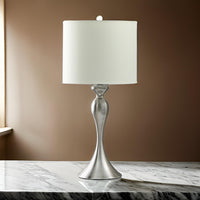 Omi 25 Inch Table Lamp, Drum White Shade, Sleek Modern Brushed Silver Body - BM311581