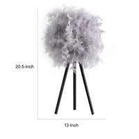 Rio 21 Inch Accent Table Lamp, Gray Feather Shade, Black Metal Tripod Base - BM311584