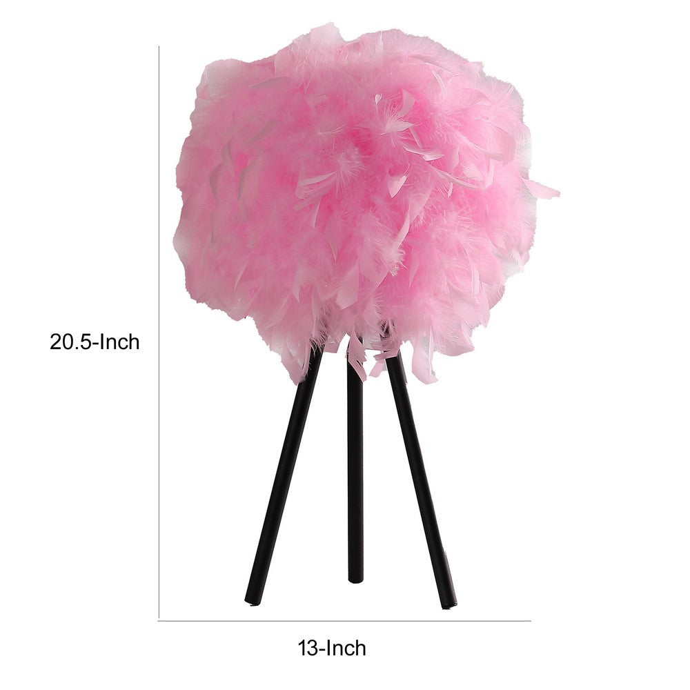 Rio 21 Inch Accent Table Lamp, Pink Feather Shade, Black Metal Tripod Base - BM311585