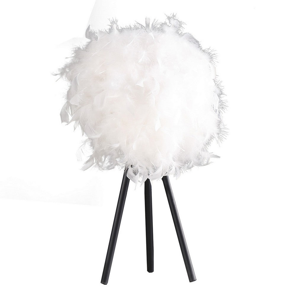 Rio 21 Inch Accent Table Lamp, White Feather Shade, Black Metal Tripod Base - BM311586
