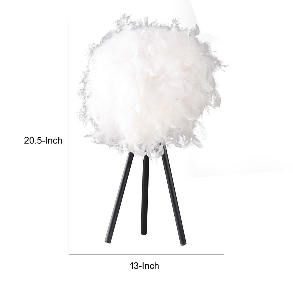 Rio 21 Inch Accent Table Lamp, White Feather Shade, Black Metal Tripod Base - BM311586