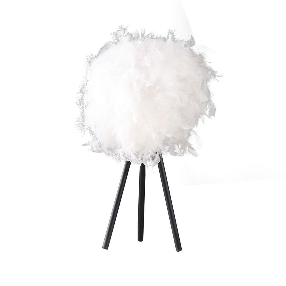 Rio 21 Inch Accent Table Lamp, White Feather Shade, Black Metal Tripod Base - BM311586