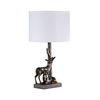 20 Inch Accent Table Lamp, Dual Roe Deer Design, White Drum Shade, Bronze - BM311587