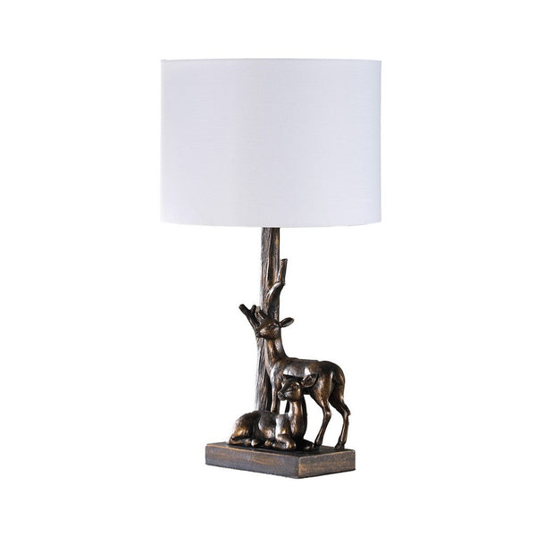 20 Inch Accent Table Lamp, Dual Roe Deer Design, White Drum Shade, Bronze - BM311587