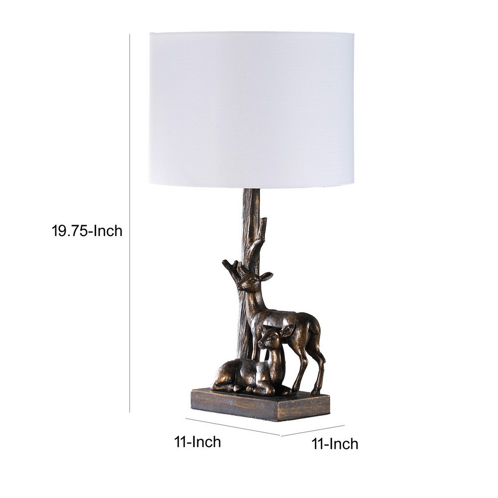 20 Inch Accent Table Lamp, Dual Roe Deer Design, White Drum Shade, Bronze - BM311587