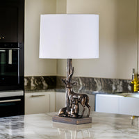 20 Inch Accent Table Lamp, Dual Roe Deer Design, White Drum Shade, Bronze - BM311587