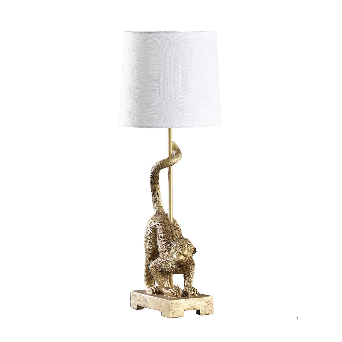 Ree 24 Inch Accent Table Lamp, Monkey Resin Sculpture, Drum Shade, Gold - BM311588