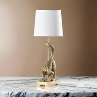 Ree 24 Inch Accent Table Lamp, Monkey Resin Sculpture, Drum Shade, Gold - BM311588