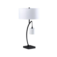 Jiya 29 Inch Arc Table Lamp, Hanging Design, 2 White Drum Shades, Black - BM311590