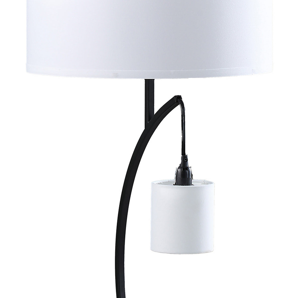 Jiya 29 Inch Arc Table Lamp, Hanging Design, 2 White Drum Shades, Black - BM311590