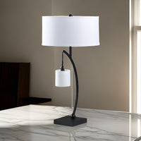 Jiya 29 Inch Arc Table Lamp, Hanging Design, 2 White Drum Shades, Black - BM311590