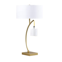 Jiya 29 Inch Arc Table Lamp, Hanging Design, 2 White Drum Shades, Gold - BM311591