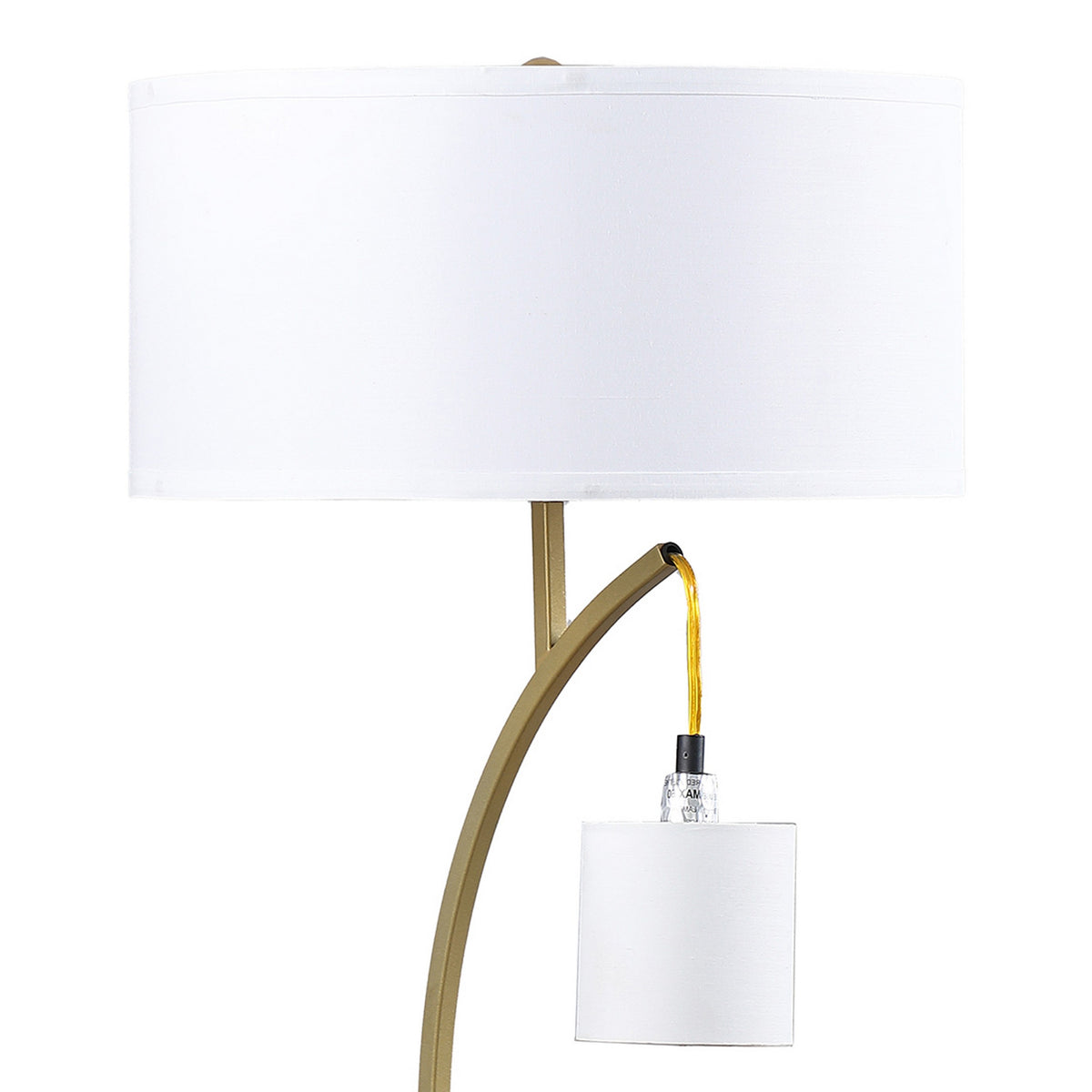 Jiya 29 Inch Arc Table Lamp, Hanging Design, 2 White Drum Shades, Gold - BM311591