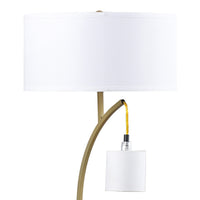 Jiya 29 Inch Arc Table Lamp, Hanging Design, 2 White Drum Shades, Gold - BM311591