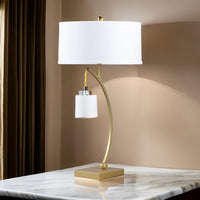 Jiya 29 Inch Arc Table Lamp, Hanging Design, 2 White Drum Shades, Gold - BM311591