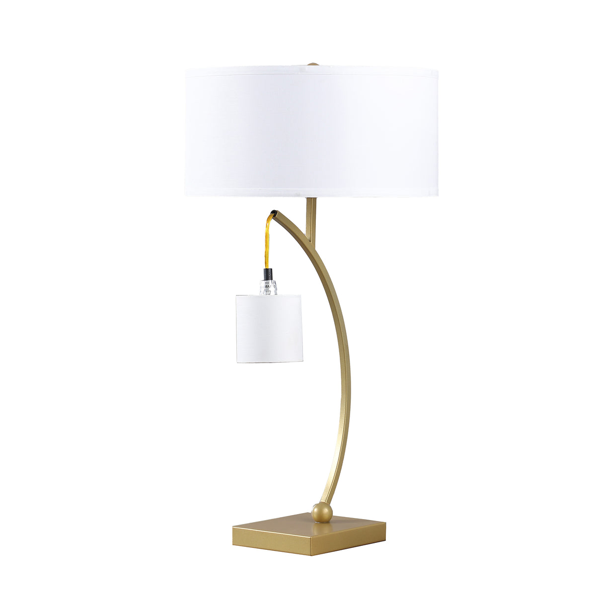 Jiya 29 Inch Arc Table Lamp, Hanging Design, 2 White Drum Shades, Gold - BM311591