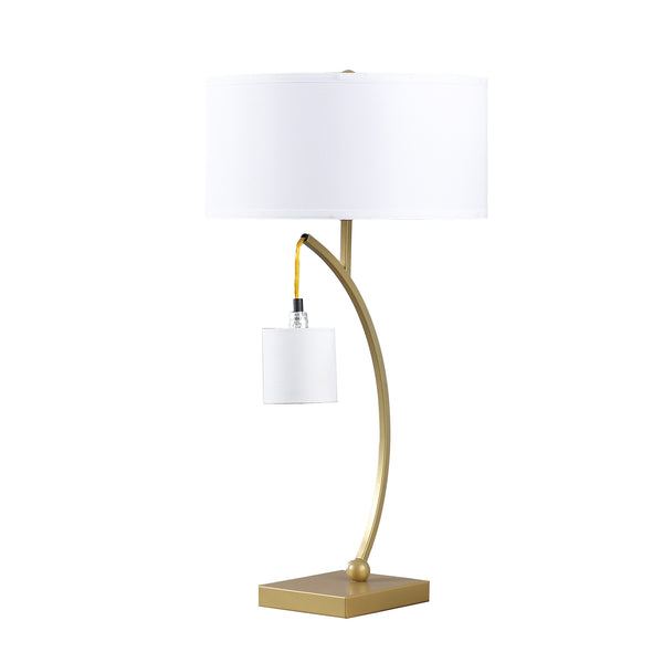 Jiya 29 Inch Arc Table Lamp, Hanging Design, 2 White Drum Shades, Gold - BM311591