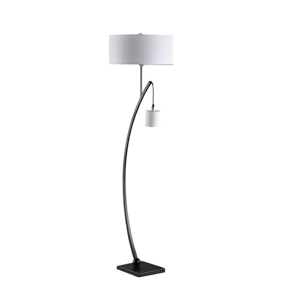 Jiya 59 Inch Arc Floor Lamp, Hanging Design, 2 White Drum Shades, Black - BM311592