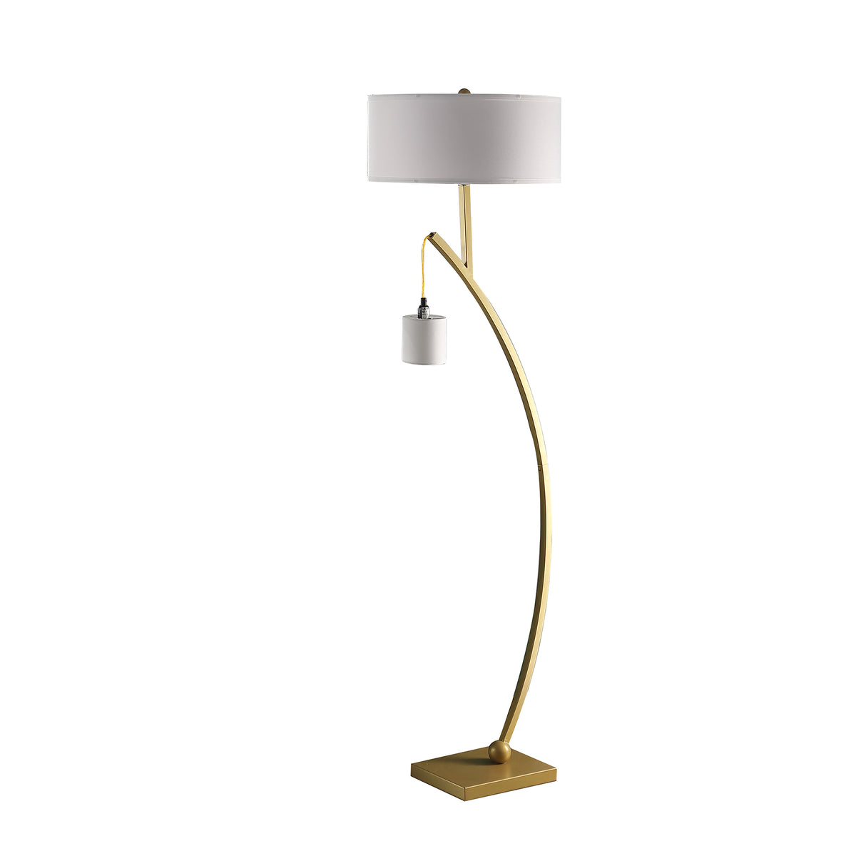 Jiya 59 Inch Arc Floor Lamp, Hanging Design, 2 White Drum Shades, Gold - BM311593