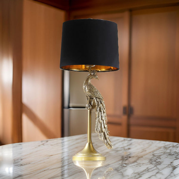 29 Inch Peacock Table Lamp, Gold Polyresin Sculpture, Black Drum Shade - BM311595