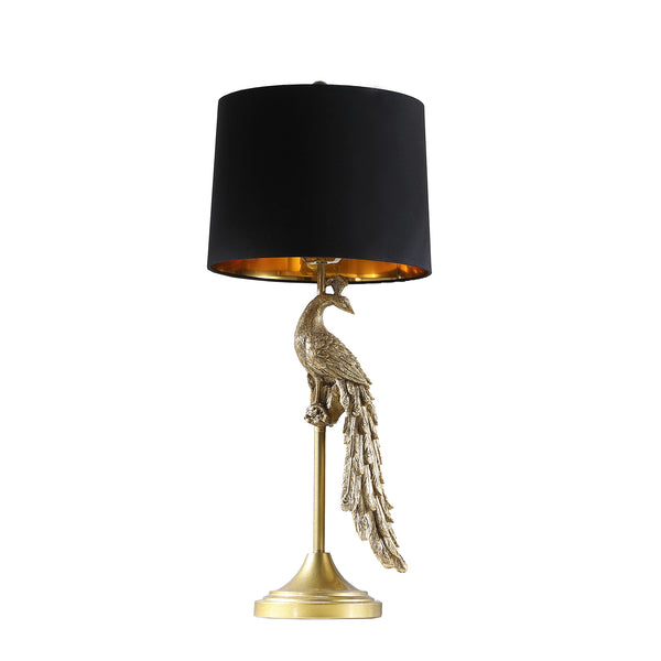 29 Inch Peacock Table Lamp, Gold Polyresin Sculpture, Black Drum Shade - BM311595