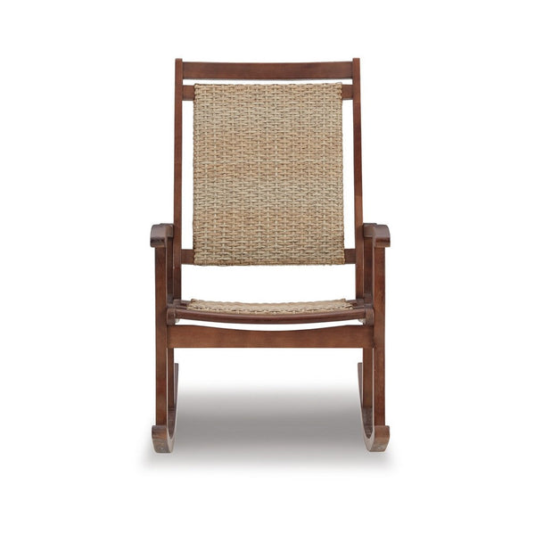 Emin 38 Inch Rocking Chair, Outdoor Resin Wicker Seat, Brown Wood Frame - BM311596