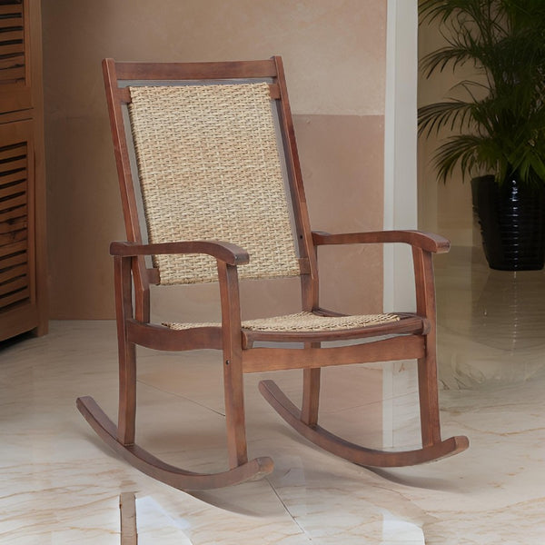 Emin 38 Inch Rocking Chair, Outdoor Resin Wicker Seat, Brown Wood Frame - BM311596