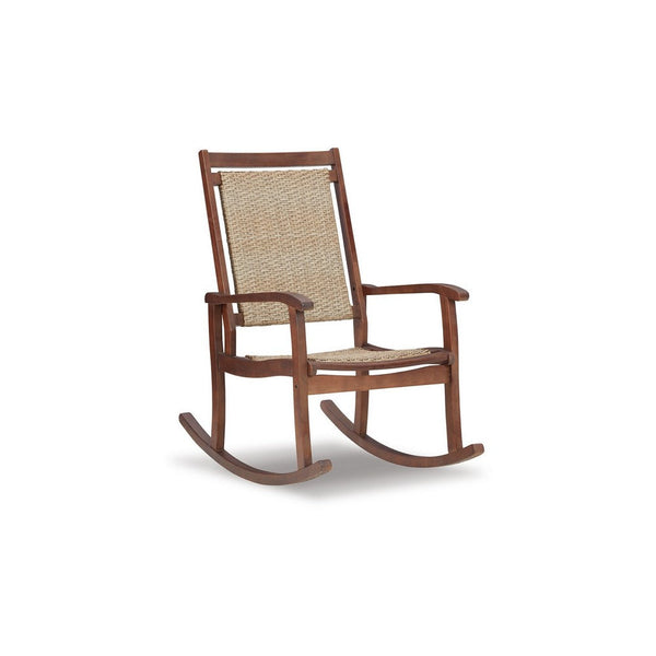Emin 38 Inch Rocking Chair, Outdoor Resin Wicker Seat, Brown Wood Frame - BM311596