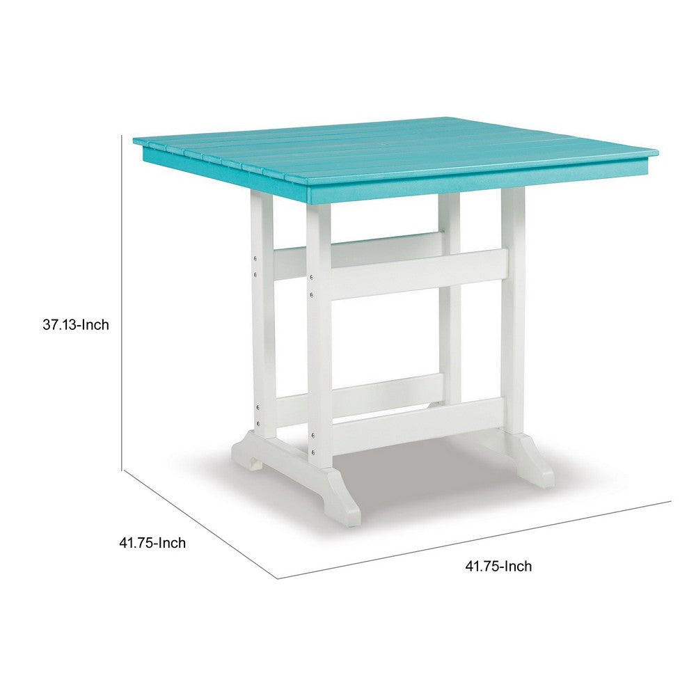Ely 42 Inch Counter Height Dining Table, Outdoor Slatted, Turquoise, White - BM311600