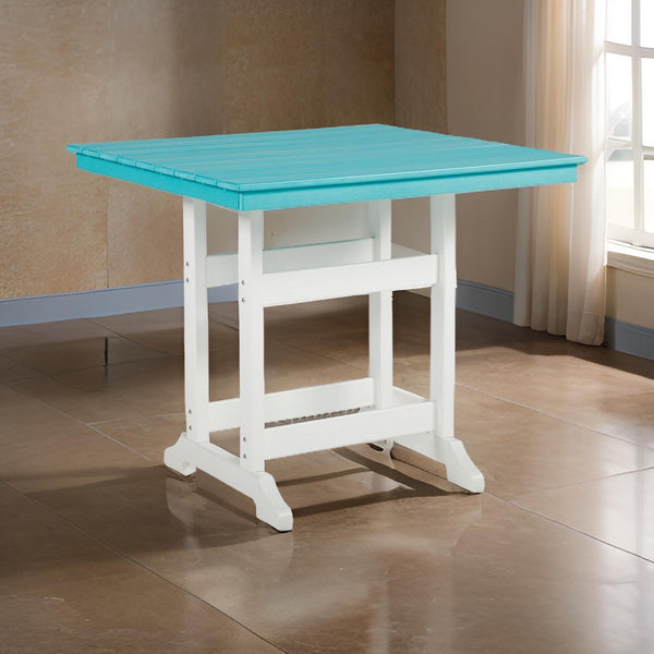 Ely 42 Inch Counter Height Dining Table, Outdoor Slatted, Turquoise, White - BM311600