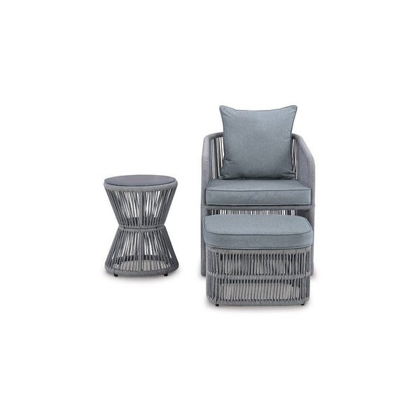 3 Piece Outdoor Chair, Ottoman, Side Table Set, Rope, Steel Frame, Gray - BM311603