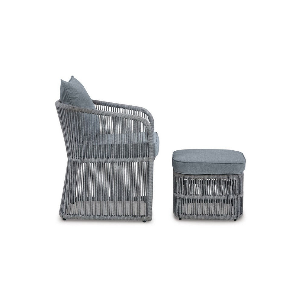 3 Piece Outdoor Chair, Ottoman, Side Table Set, Rope, Steel Frame, Gray - BM311603