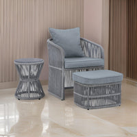 3 Piece Outdoor Chair, Ottoman, Side Table Set, Rope, Steel Frame, Gray - BM311603