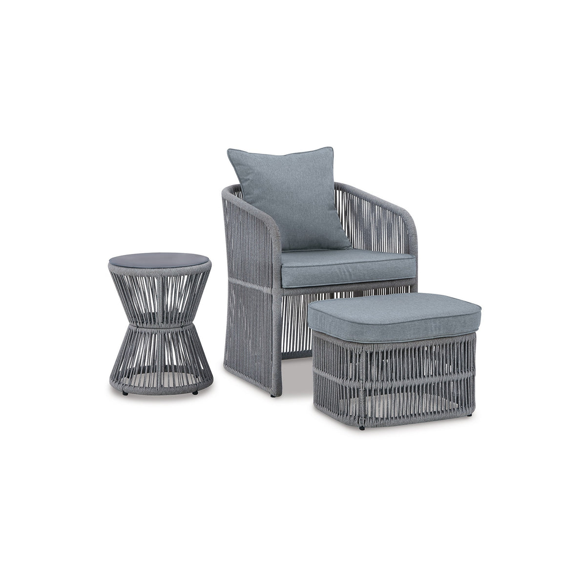 3 Piece Outdoor Chair, Ottoman, Side Table Set, Rope, Steel Frame, Gray - BM311603