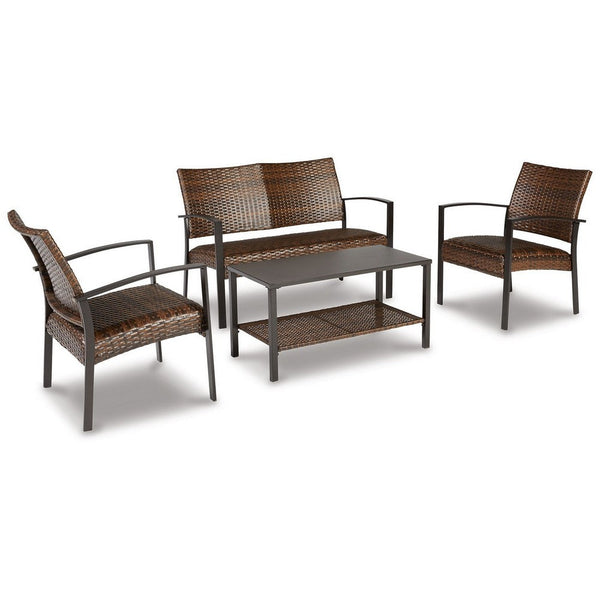 4 Piece Outdoor Loveseat, Chair, Coffee Table Set, Resin Wicker, Brown - BM311605