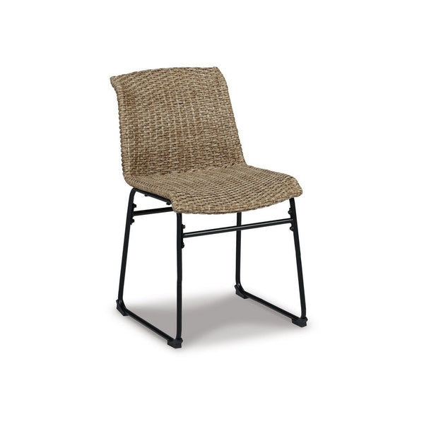 26 Inch Outdoor Dining Chair Set of 2, Black Steel Frame, Brown Wicker Seat - BM311612