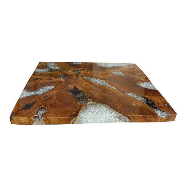 32 Inch Tabletop Platform, Square, Resin, Teak Wood, Brown and White Finish - BM311647