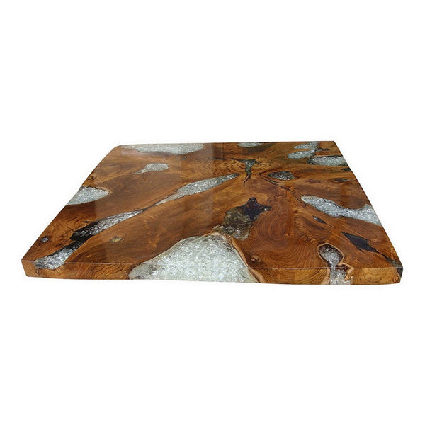 32 Inch Tabletop Platform, Square, Resin, Teak Wood, Brown and White Finish - BM311647