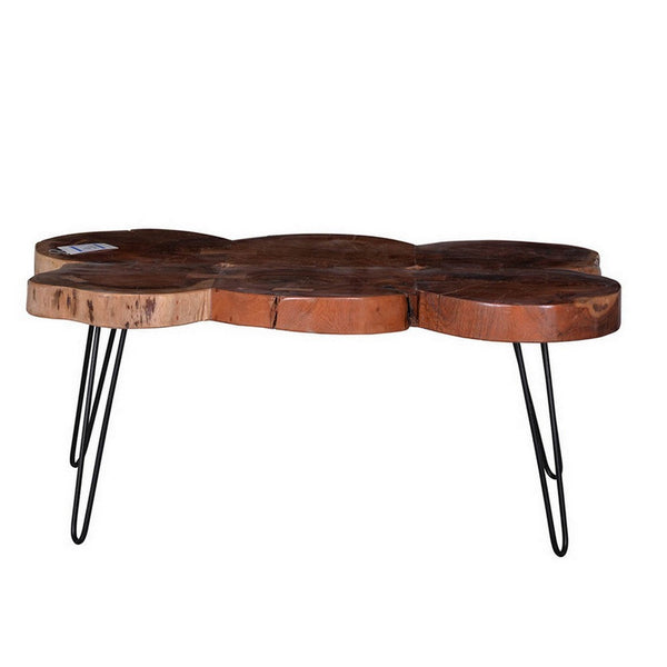 39 Inch Coffee Table, Acacia Wood Top, Angled Metal Support Legs, Brown  - BM311654