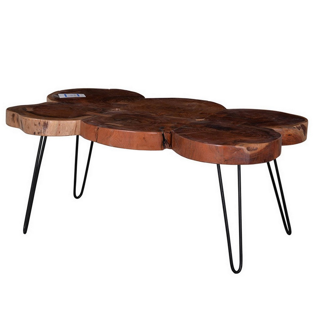 39 Inch Coffee Table, Acacia Wood Top, Angled Metal Support Legs, Brown  - BM311654