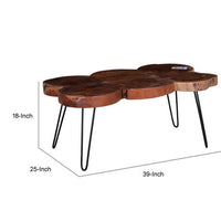 39 Inch Coffee Table, Acacia Wood Top, Angled Metal Support Legs, Brown  - BM311654